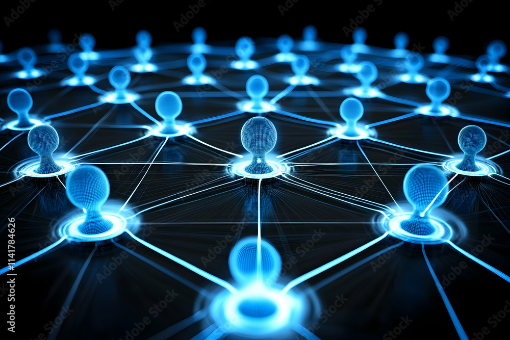 Poster abstract network of glowing blue nodes representing connections and relationships.