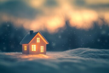 Naklejka premium A small house on a winter landscape, illuminated by warm light from within, a dark sky with clouds, in a minimalistic paper-cut style