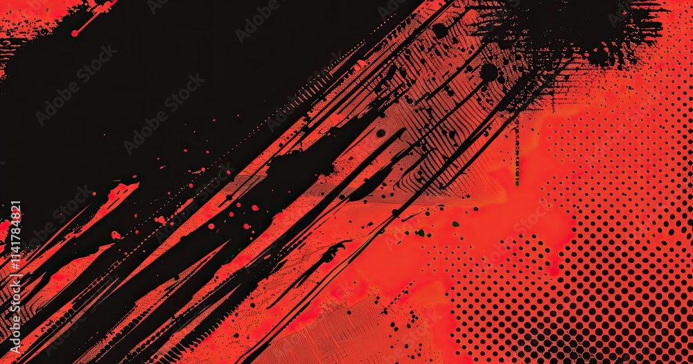 Poster abstract design featuring bold red and black colors with dynamic brush strokes and textures.