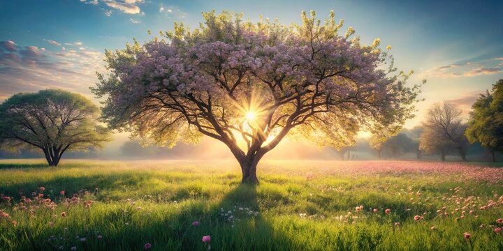 Serene sunrise illuminating a blossoming tree in a vibrant meadow