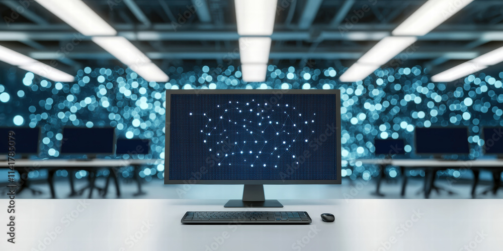 Poster a modern computer monitor displays a digital interface, set in a sleek workspace illuminated by ambi