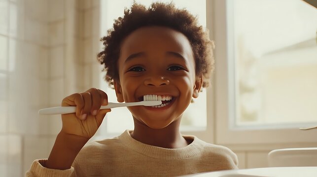 Happy child brushing teeth in bathroom.