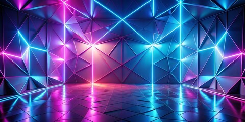 Abstract Neon Geometric Room with Vibrant Lighting and Reflective Floor