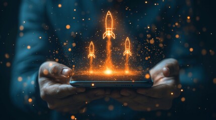 Businessman launching innovative ideas with smartphone in digital environment