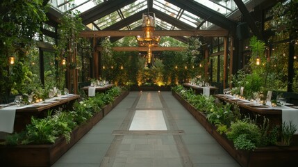 Obraz premium Elegant eco-friendly wedding reception indoor garden venue event photography lush greenery aesthetic design
