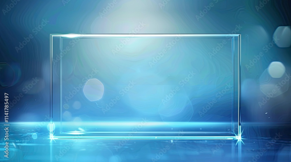 Poster A translucent rectangular glass display on a soft blue background with light bokeh effects.