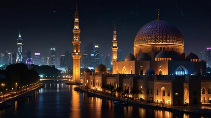 Fototapeta premium Grand Mosque at Night, Illuminated Beauty Amidst Urban Skyscrapers V5