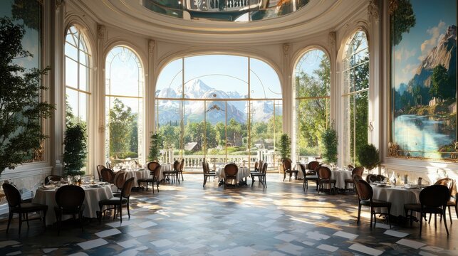 Elegant fine dining experience in scenic restaurant captivating views luxurious ambiance serene environment