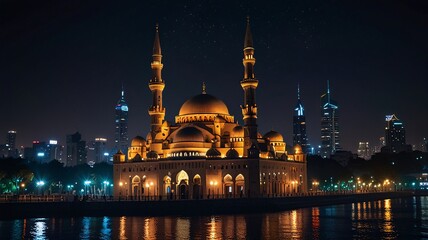 Naklejka premium Grand Mosque at Night, Illuminated Beauty Amidst Urban Skyscrapers V6