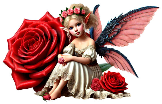 Elfenkind mit Seidenfl&uuml;geln und Rosen - Rosenelfin