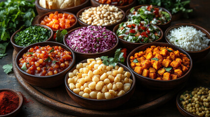 A vibrant platter of Indian street snacks like bhel puri and papdi chaat on a rustic table