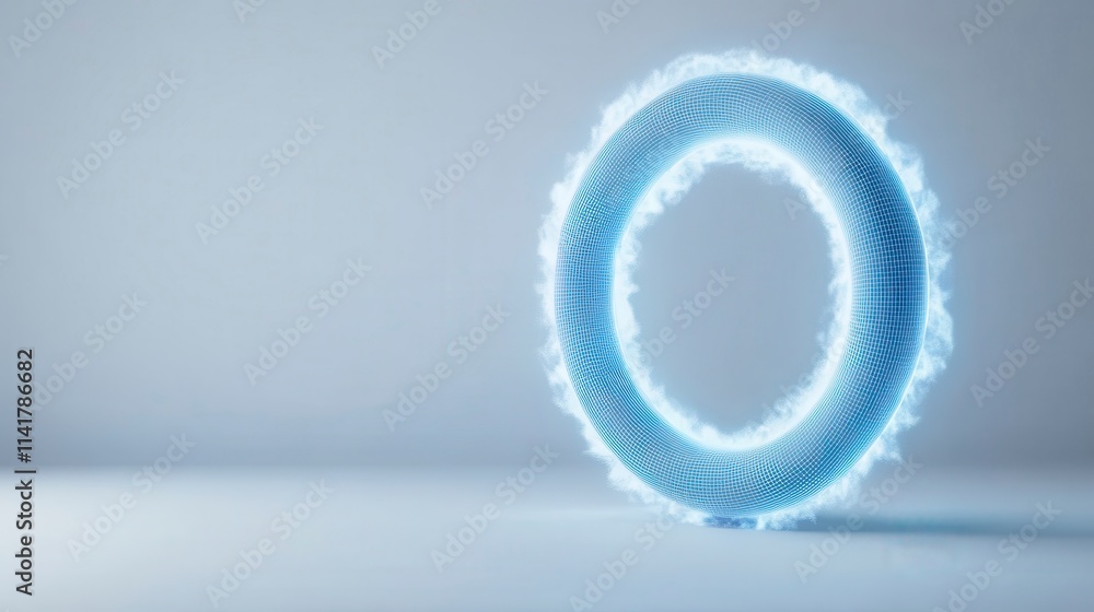 Poster a glowing, digital torus shape floats against a minimalist background, showcasing a modern design wi
