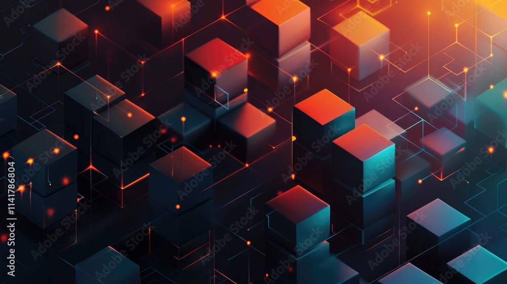 Poster abstract digital cubes with glowing elements and interconnected lines.
