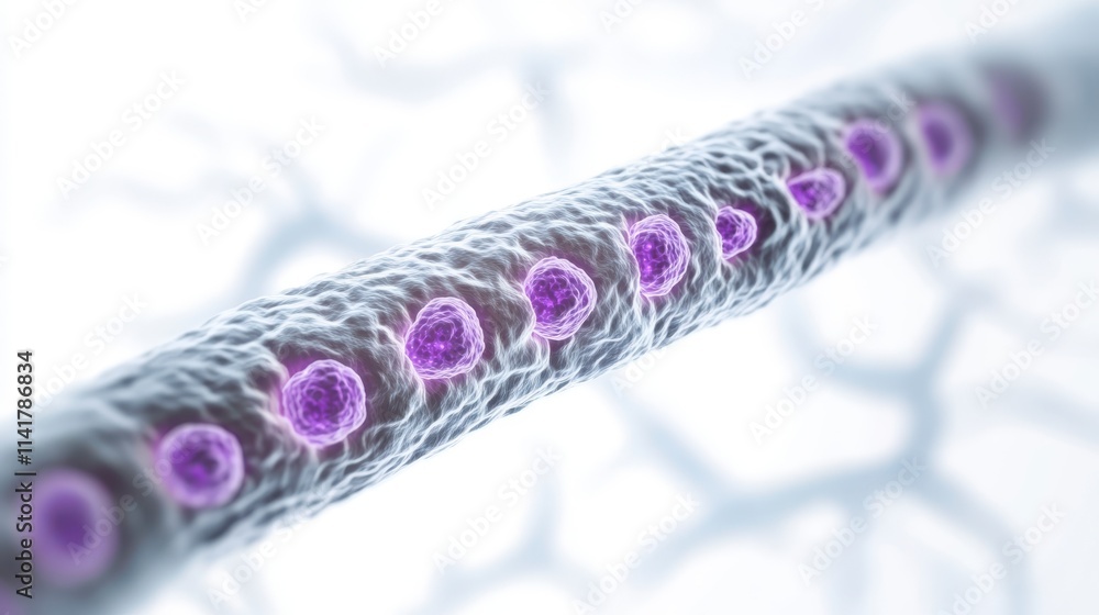Poster close-up view of a cellular structure with purple spheres, highlighting the intricate details of bio