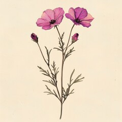 A delicate illustration of pink flowers with green stems and leaves, showcasing their natural beauty against a soft background.