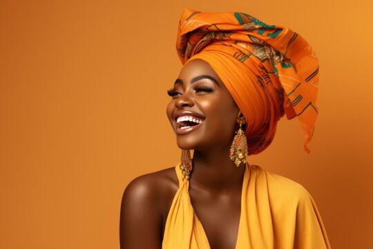 Studio portrait of a cheerful young black woman with a big smile, wearing an orange headscarf and traditional dress