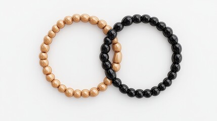 Two beaded bracelets, one in light wood and the other in black, arranged in a circular formation on a white background.