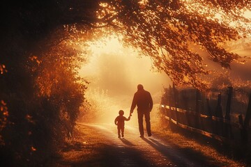 Fototapeta premium Parent and Child Walking Together on Serene Woodland Trail at Sunset