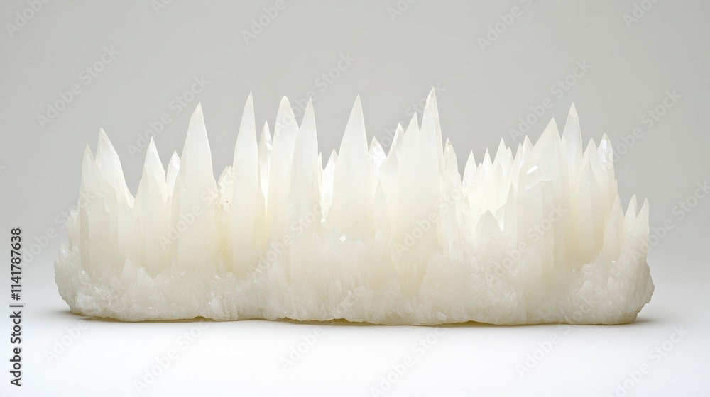Poster a striking formation of white crystal-like structures resembling jagged peaks, creating a dramatic a