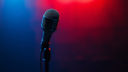 Close-up of a microphone on a stand against a red and blue background.