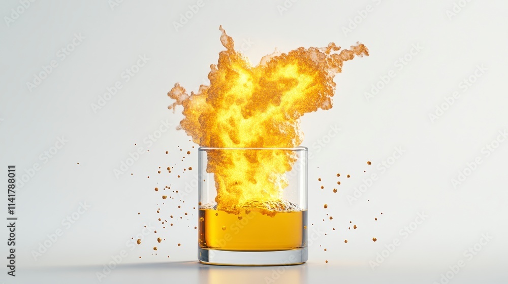 Poster a vibrant explosion of orange liquid emanates from a glass, creating a dynamic visual effect with sp