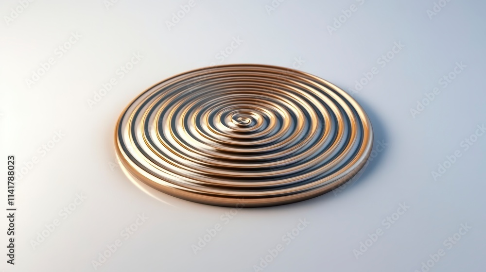 Poster a circular, spiral-patterned object with metallic hues, showcasing concentric rings that create a vi