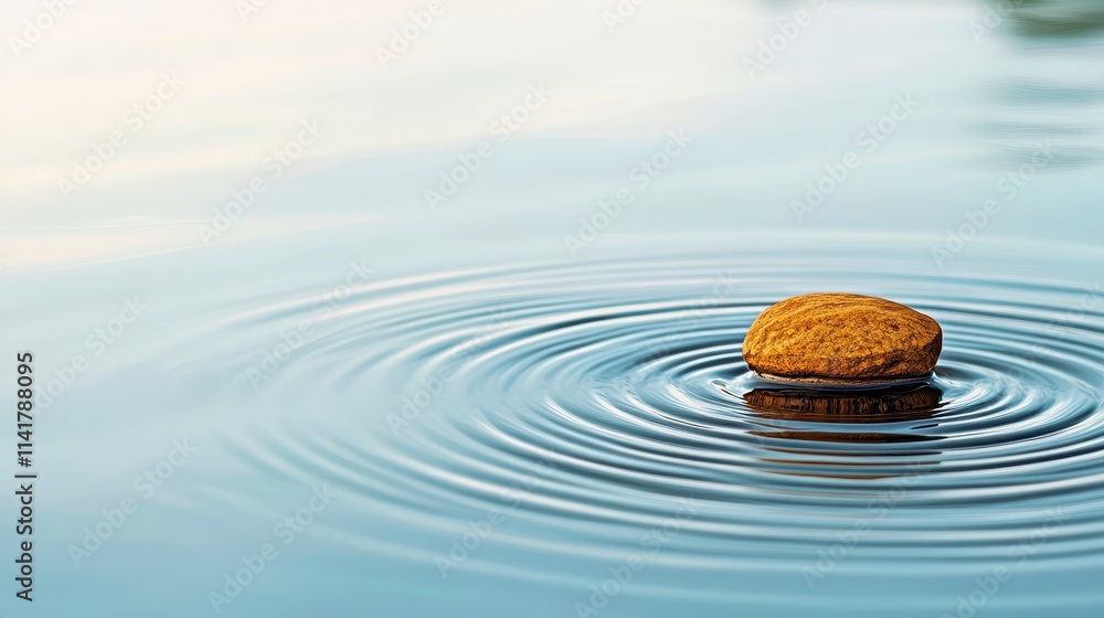 Poster a serene scene of a round object floating on calm water, creating gentle ripples, embodying tranquil