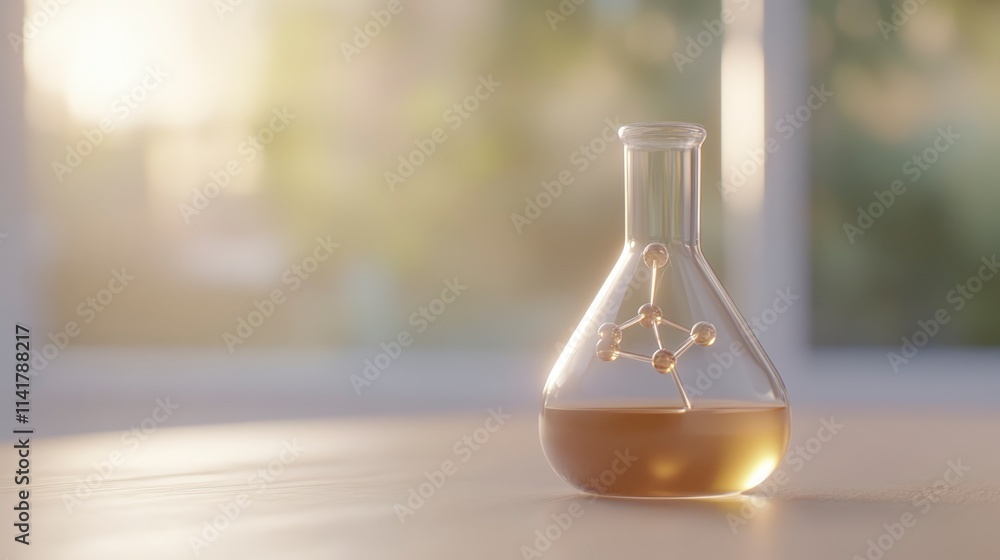 Poster a glass flask containing a golden liquid, illuminated by soft sunlight, creating a serene and scient