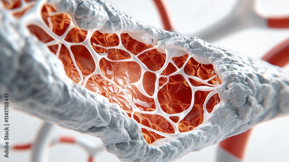 Poster a detailed close-up of a textured biological structure, showcasing interwoven fibers and a vibrant i