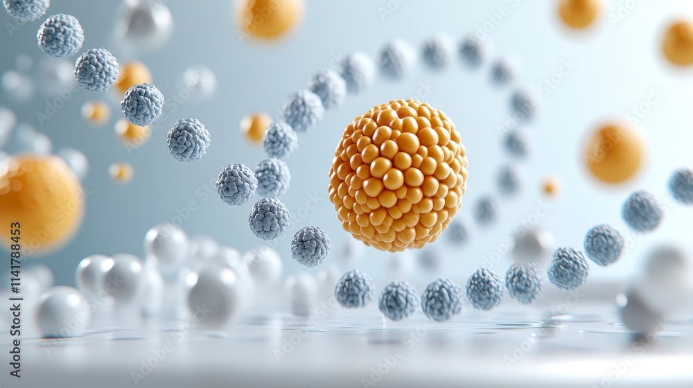 Poster a vibrant, abstract representation of molecules with varying sizes and colors, illustrating cellular