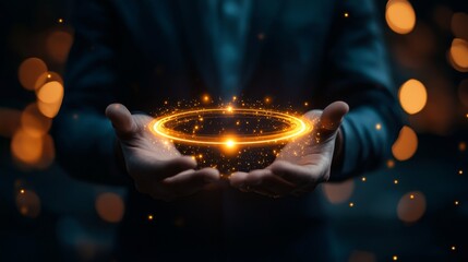 Businessman lifting glowing circular progress bar in dark office environment