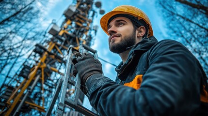 Male technician in safety helmet and uniform on a high metal ladder near a telecommunication tower.