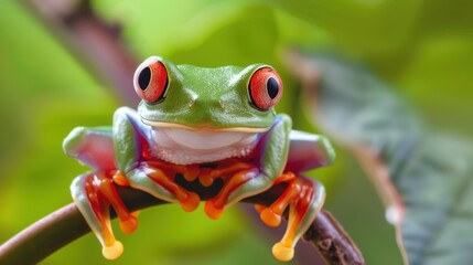 Fototapeta premium Close-up of a vibrant green tree frog with striking red eyes, perched on a branch against a blurred green background.