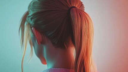 Woman's back of head with a ponytail, vibrant lighting.