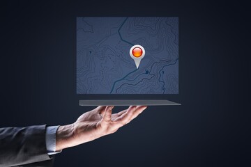 Businessman hold pin for location and search addresses concept
