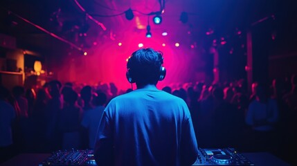 DJ performing at a vibrant nightclub, illuminated by colorful stage lights, large crowd enjoying the music.