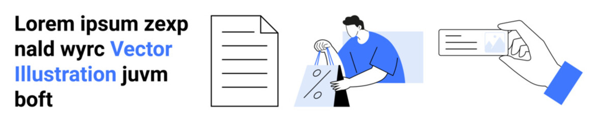 Business professional receiving a document, person holding shopping bags, and hand offering a business card. Ideal for communication, commerce, networking, documentation, professionalism, customer