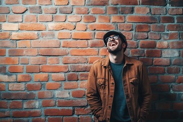 Obraz premium Energetic Comedian Mid Laugh on Stage with Brick Wall Backdrop