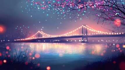 Fototapeta premium Illuminated suspension bridge at night over a calm river, adorned with magical lights.