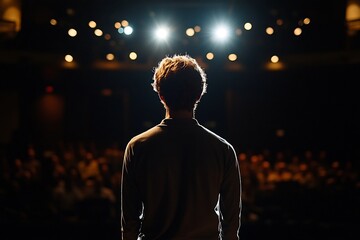 Passionate solo actor delivering a dramatic monologue on a dimly lit stage with a silhouetted