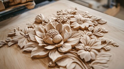 Intricate floral wood carving in progress.
