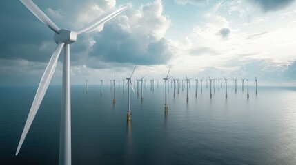 A high-angle view of a large offshore wind farm with dozens of turbines extending into the sea under a partly cloudy sky, capturing the vast scale of clean energy generation from ocean winds. 