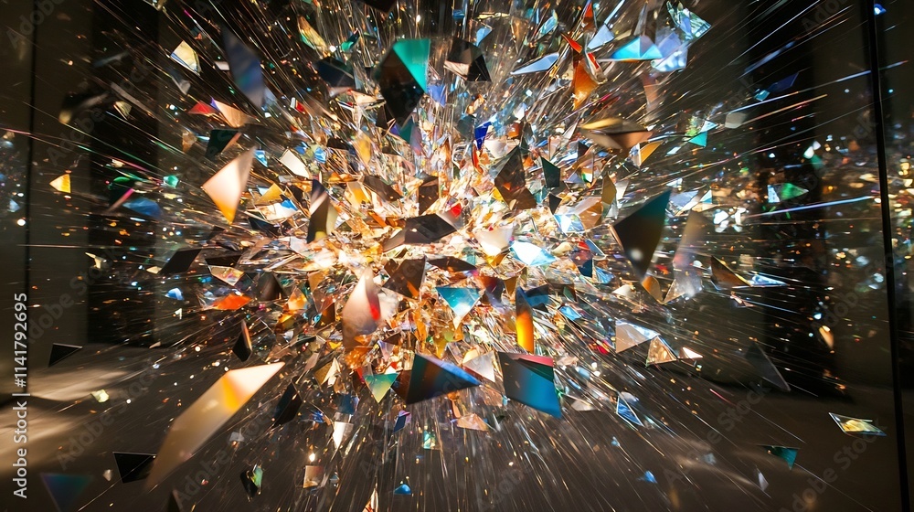 Poster intricate explosion of multicolored geometric light shards suspended in void