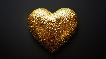 Golden glitter heart set against a black background, evoking elegance and refinement.