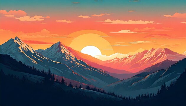 European mountain from side view at sun set flat art design illustration for postcard