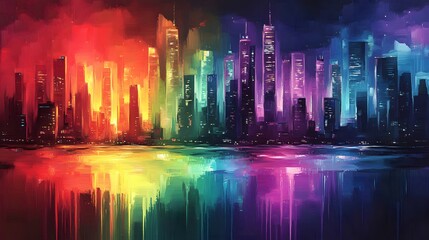 Abstract oil painting background with rainbow colors, a cityscape with a rainbow