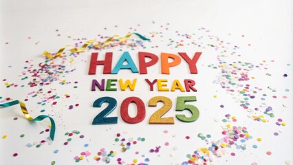 Happy New Year 2025 text in a creative design, perfect for festive greetings, celebration cards, banners, posters, social media, and New Year promotions. Vibrant and eye-catching for all occasions.