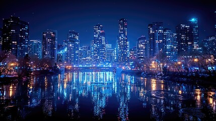 Fototapeta premium A vibrant city skyline at night reflecting on water, showcasing urban beauty and nightlife.