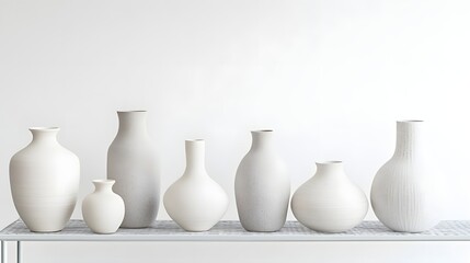 Assorted white and gray clay vases in various shapes placed on a metal shelf against a clean white background, showcasing minimalist home decor