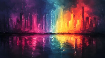 Abstract oil painting background with rainbow colors, a cityscape with a rainbow